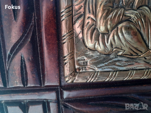 Голяма сребърна икона с дървена рамка дърворезба сертификат, снимка 5 - Антикварни и старинни предмети - 53417802