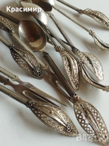   6 вилички СРЕБЪРНИ с филигранна дръжка проба 800, 6 лъжички посребрени,обаче филиграна е сребърен , снимка 9 - Антикварни и старинни предмети - 51413524