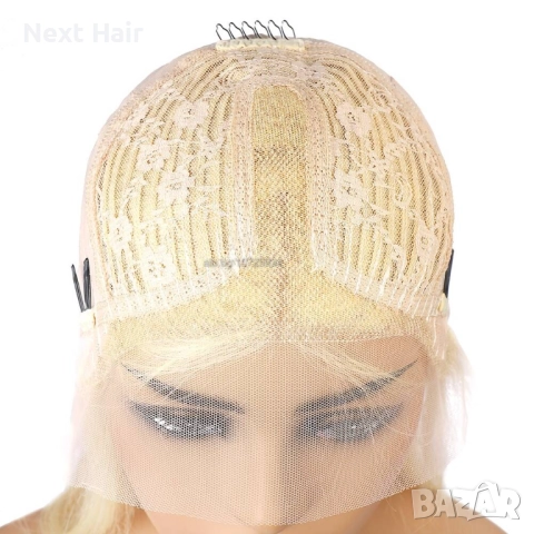 Платинено руса синтетична перука - 75 см, права, с дантелена част 13×4×1, снимка 4 - Аксесоари за коса - 52821732