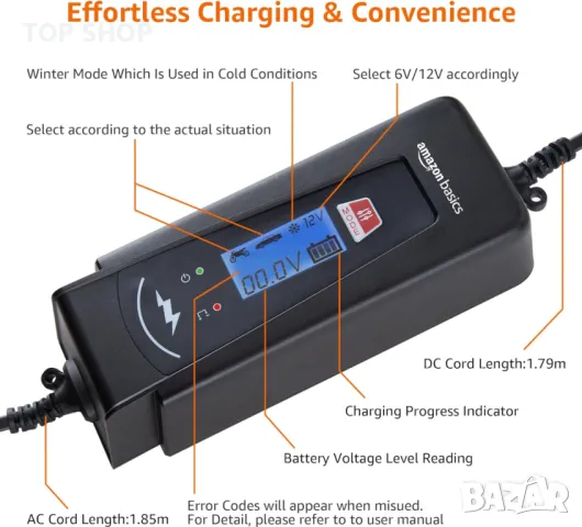 Amazon Basics 2A/4A Автоматично смарт 6V/12V зарядно устройство за батерии с функция за тестване, снимка 3 - Аксесоари и консумативи - 49965369
