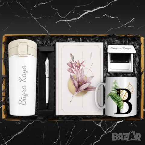 Персонализиран подаръчен комплект – термос, тефтер, писалка, джобно огледало и чаша 