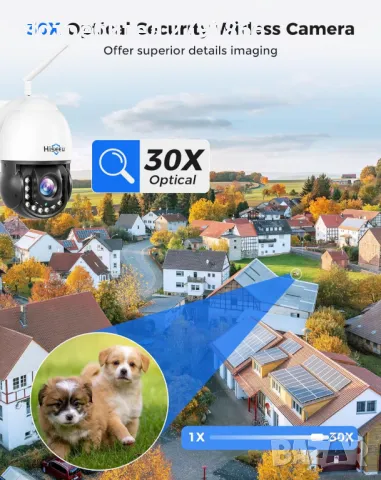 Безжична охранителна камера Hiseeu 30X оптично увеличение 3MP PTZ 250 фута HD цветно нощно ви, снимка 2 - IP камери - 48085494