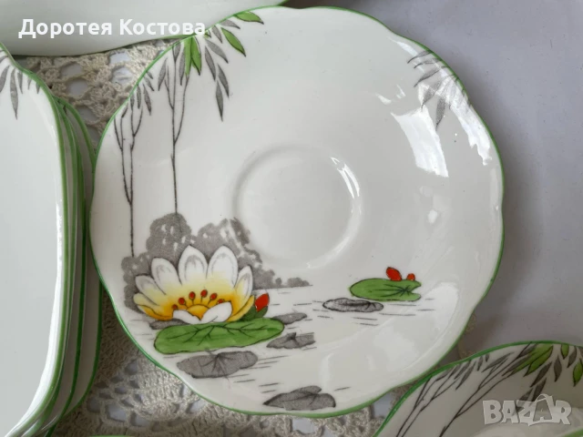 Красив комплект с водна лилия от фин костен порцелан от Англия, снимка 7 - Антикварни и старинни предмети - 50607706