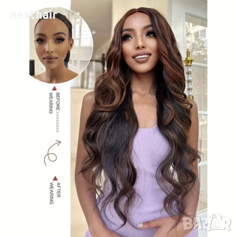 Тъмно кафява вълнообразна перука с кичури , снимка 3 - Аксесоари за коса - 51542965