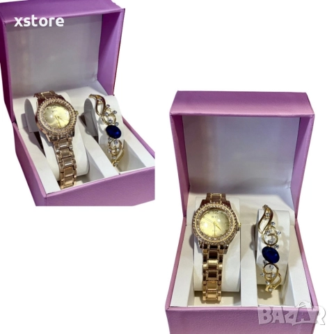 Луксозен дамски комплект – елегантен часовник и изискана гривна със скъпоценни камъни, снимка 4 - Бижутерийни комплекти - 52793531