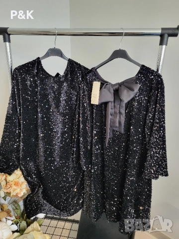 Кадифена рокля с пайети и сатенена панделка , снимка 2 - Рокли - 52438779