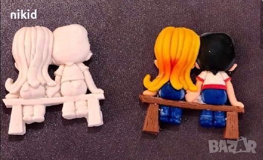 Деца двойка седнали на пейка скамейка силиконов молд форма фондан гипс декор