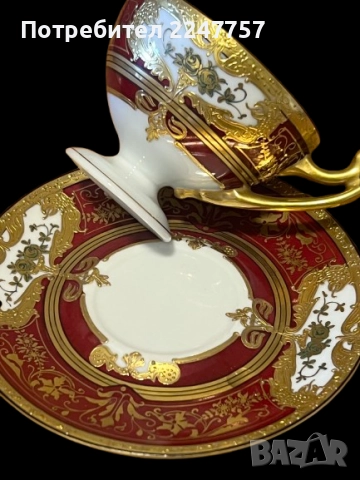 Порцеланова чаша с чинийка – F.M.C. handgemalt, ръчно рисувана, позлата, снимка 4 - Чаши - 51482749