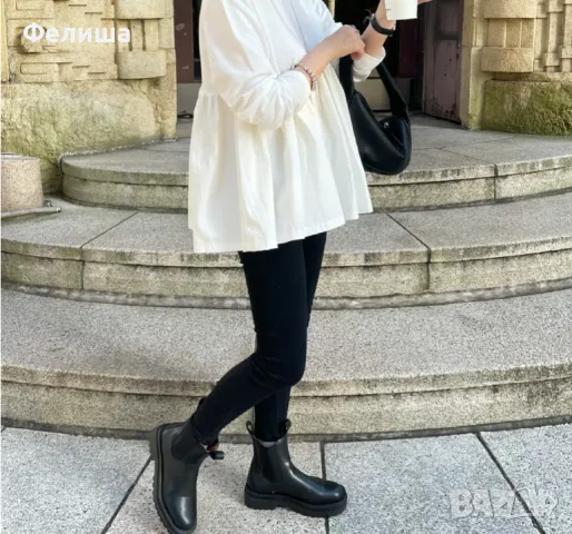 Стилни Ежедневни Черни Боти Естествена Кожа ZARA Chunky Chelsea Колекция, снимка 4 - Дамски ботуши - 50150130