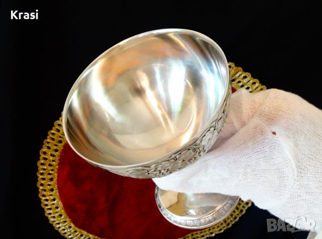 Посребрена медна чаша за вино,бокал,лози,грозде. , снимка 4 - Антикварни и старинни предмети - 38273031
