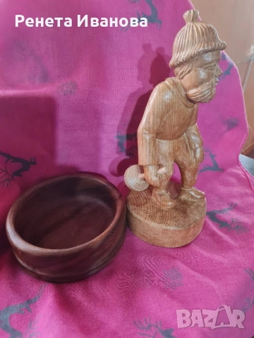 Комплект от дървена скулптура и дървена купа , снимка 2 - Статуетки - 53473308