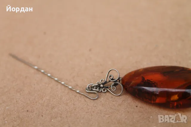 Сребърна игла с кехлибар, снимка 3 - Колиета, медальони, синджири - 49771442
