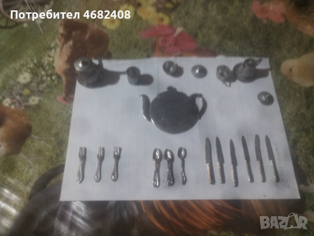 Старинен калайен декоративен мини сервиз може да е и сребърен не знам, снимка 2 - Антикварни и старинни предмети - 52791006