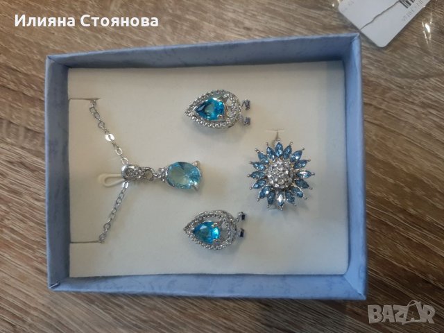 Много красиви сребърни комплекти с аквамарин обици пръстен и висулка със синджирче , снимка 4 - Бижутерийни комплекти - 27339063