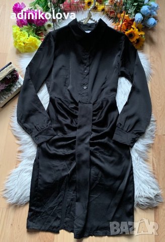 Черна сатенена рокля тип риза, снимка 1