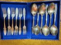 комплект 6 вилици + 6 лъжици от мелхиор, модел "Пламя", посребрени, нови/неползвани, от СССР, снимка 1