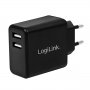 Адаптер USB Charger 2x, 2.4A, black, Logilink PA0210 SS300936