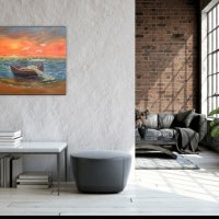Морски залез лодка и чайки маслена картина , снимка 6 - Картини - 36380217