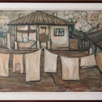 Картина, "Стара къща с пране", худ. Д. Станчев, 1970-те год, снимка 1 - Картини - 40581554