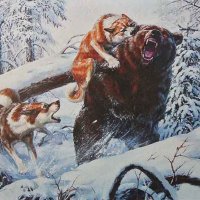 Зимен пейзаж с мечка и кучета, картина за ловци, снимка 1 - Картини - 39331170