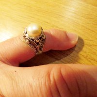 дамски османски сребърен пръстен с естествена перла , стар голям сребърен турски пръстен с перла, , снимка 4 - Пръстени - 38220869