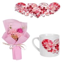 Подаръчен комплект "Обичам те" букет от вечни цветя и чаша в луксозна кутия, снимка 2 - Декорация за дома - 43623496