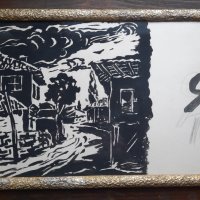 Картина "Село" на худ. Стефан Куцаров,туш на картон, снимка 5 - Антикварни и старинни предмети - 43732059