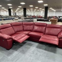 Червен кожен ъглов диван с електрически релаксиращ механизъм, снимка 2 - Дивани и мека мебел - 39712113