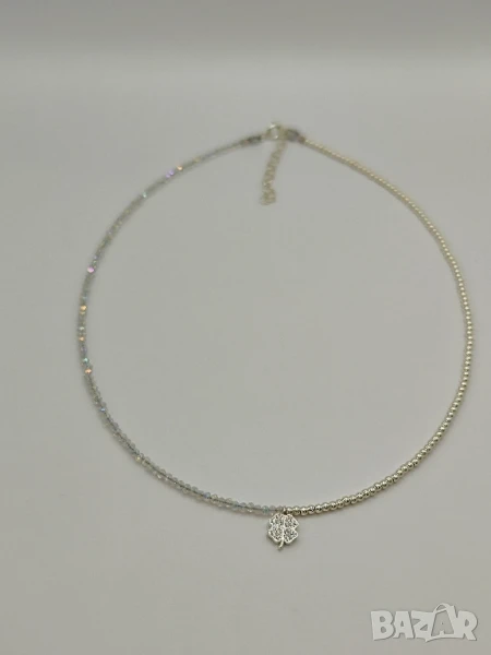 Дамско колие 925 сребърни мъниста, детелинка с циркони, снимка 1