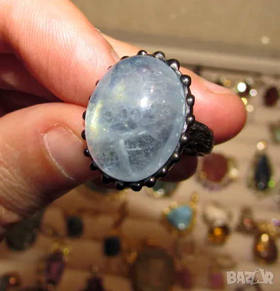 925 сребърен пръстен с аквамарин 28 карата, камък 20x16мм, общо тегло 9.6гр., снимка 1