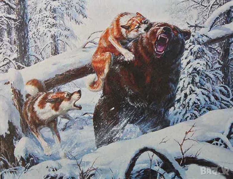 Зимен пейзаж с мечка и кучета, картина за ловци, снимка 1