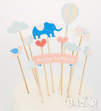 Слон слонче слончета птички облак облаци Happy Birthday топери  украса декор торта мъфини рожден ден, снимка 1