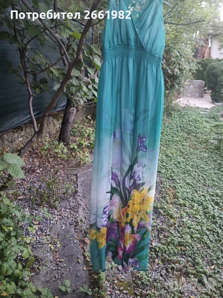 Разкошна дълга зелена рокля с цветя и дантела, снимка 1