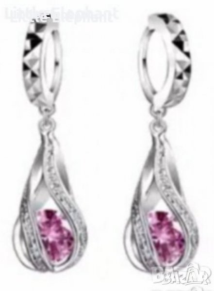 Сребърни висящи обеци капки с кристали,pink-лазерна обработка/нови, снимка 1