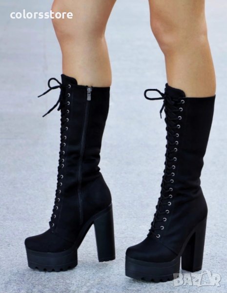 Ботуши на ток - черен велур с черно ходило - 593, снимка 1