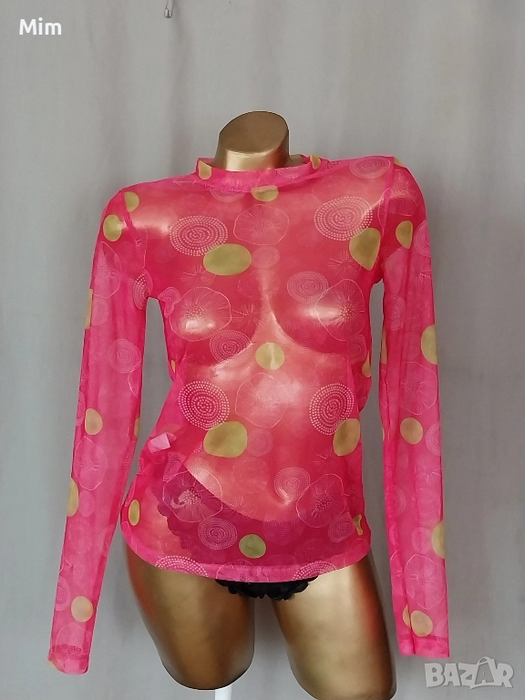 S/M Розова блуза с дълъг ръкав от прозрачен, еластичен ,тюл , снимка 1