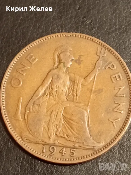 Стара монета 1 пени 1945г. Великобритания Крал Джордж шести 34843, снимка 1