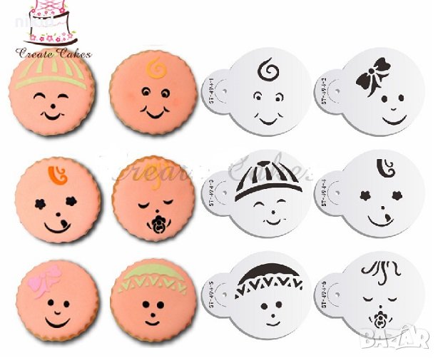 6 бр бебешко лице шаблон шаблони стенсили за торта бисквитки украса декор и др., снимка 1