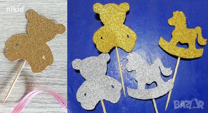 5 бр мече люлеещо конче брокатен картон топери на клечка златист сребрист цвят за мъфини кексчета , снимка 1