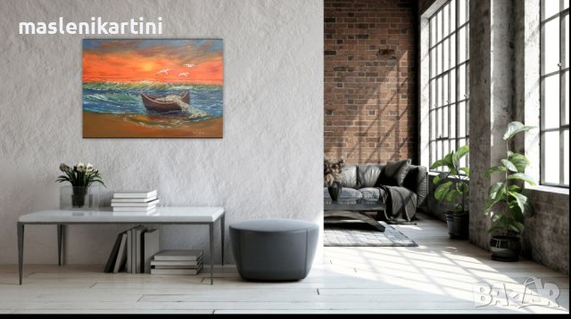 Морски залез лодка и чайки маслена картина , снимка 6 - Картини - 36380217
