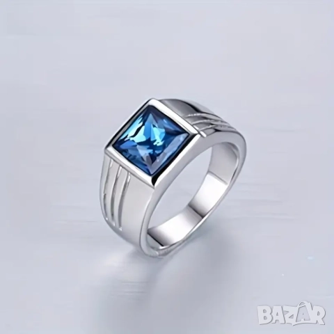Мъжки пръстен от инкрустиран квадратен син циркон, снимка 5 - Пръстени - 46547883
