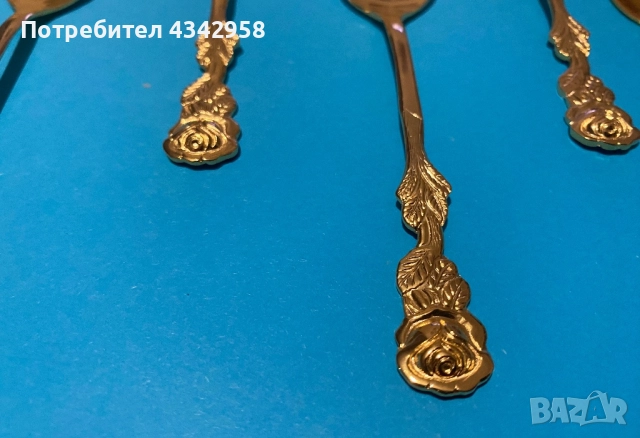 Чайни лъжички "Hildesheim Rose", неръждаема стомана, позлатени с 20-каратово злато, 1950-1960, снимка 4 - Антикварни и старинни предмети - 52899783