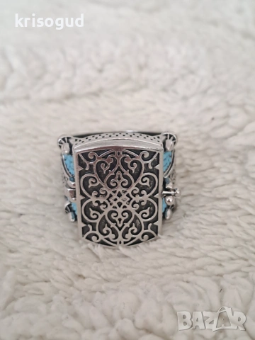 Мъжки пръстен от неръждаема стомана със синтетичен тюркоаз и орнаменти, снимка 12 - Пръстени - 53509601