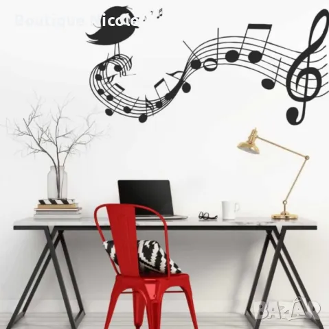 Стикер за стена "Пееща птичка върху петолиние" 