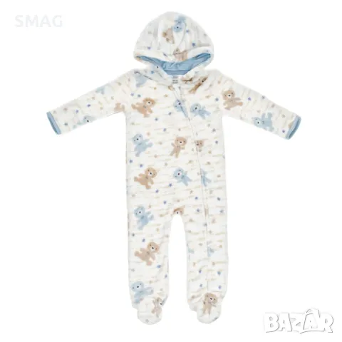 Бебешко поларено боди ромпър Екрю Синьо с дизайн на плюшено мече с качулка S_1231463