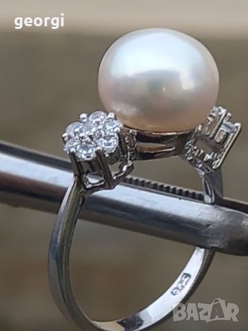 Дамски сребърен пръстен с естествена перла и цирконии, снимка 3 - Пръстени - 39338092