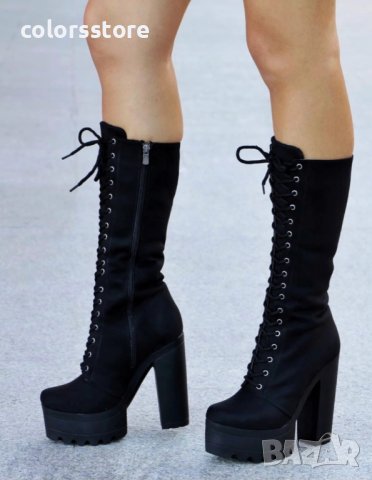 Ботуши на ток - черен велур с черно ходило - 593