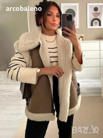 Дамско топло широко кожено яке без ръкави с шевове от полар, 2цвята , снимка 2 - Якета - 43487400