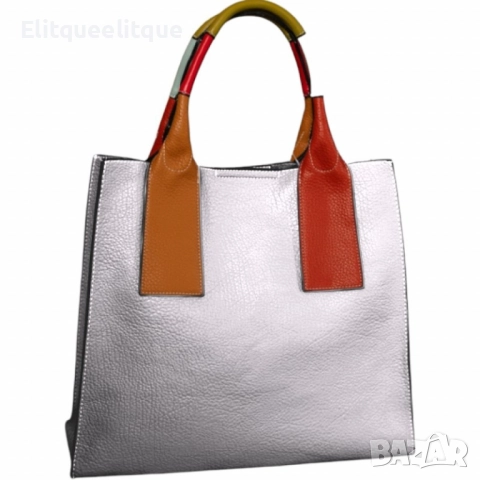 Елегантен комплект от дамска чанта с цветни дръжки и допълнителна малка чанта-несесер, снимка 5 - Чанти - 52353471