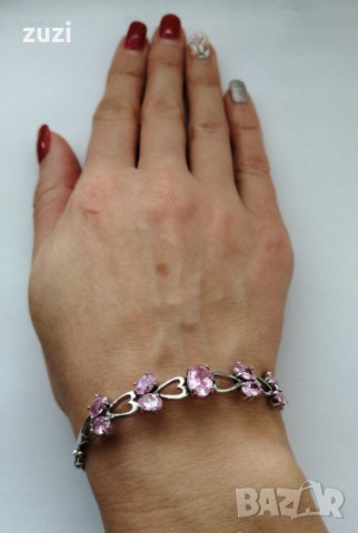 Елегантна твърда гривна с розови циркони,925 сребро. , снимка 2 - Гривни - 39017740